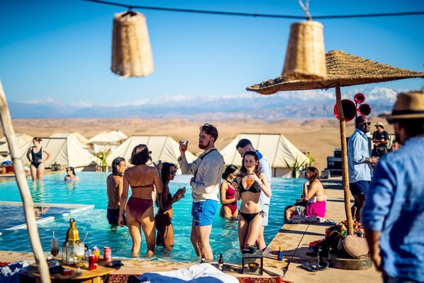 Outdoor pool, pool umbrellas, pool loungers