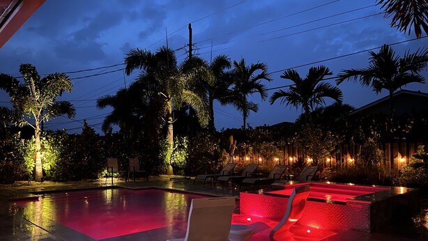 A swimming pool with red lighting, surrounded by palm trees and lounge chairs. - Amazing private pool-spa home just blocks from the beach.  (Naples)