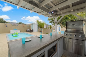 Terrace/patio - Private Heated Pool + Tiki Bar Backyard Oasis - Walk to Beach by 30A West End! (Panama City Beach)