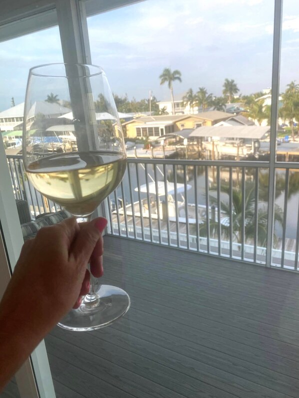 A hand holding a wine glass with a view of a marina and buildings in the background.