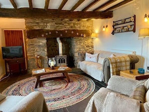 Cottage | Living area | Fireplace - Idlewild Animal Sanctuary Farmhouse Stay - Charity (Conwy)