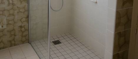 A glass-enclosed shower with a handheld showerhead and a wall-mounted faucet.
