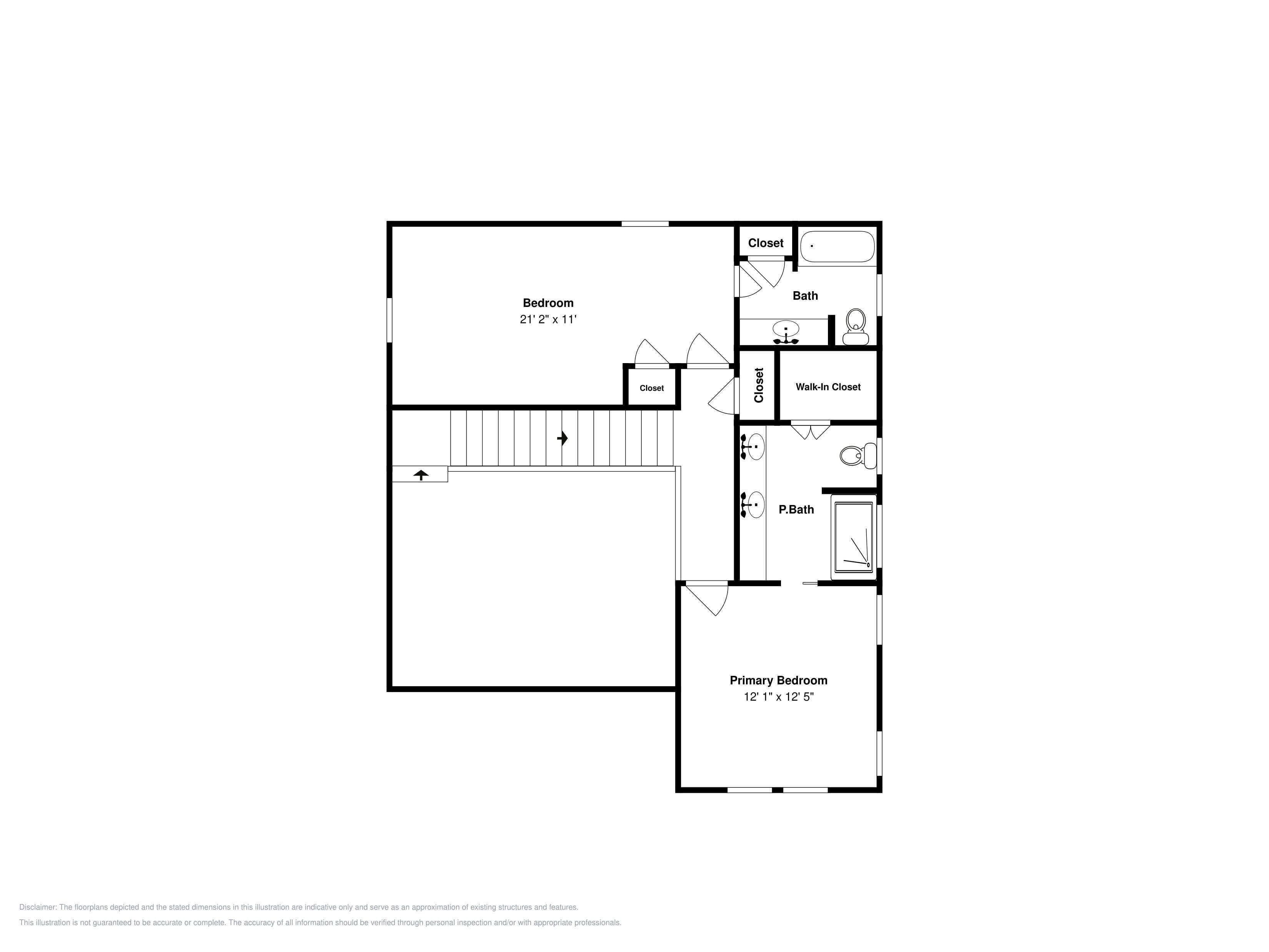 En planritning som visar ett sovrum som är 6,5 x 3,4 meter, ett större sovrum som är 3,7 x 3,8 meter, en klädkammare, ett badrum och en garderob.