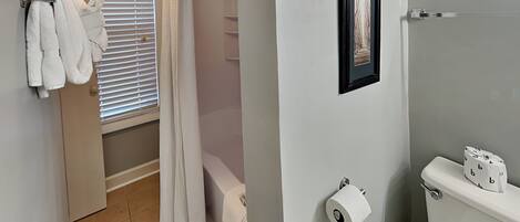 A bathroom with a toilet, a framed picture on the wall, and a shower curtain.