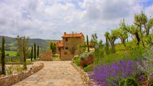 A stone pathway leading to a rustic stone house with a tiled roof, surrounded by lush greenery and flowering plants. - Wonderful Private Villa With Pool in Riparbella (Riparbella)