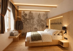 A modern bedroom with a wooden bed frame, a wall-mounted lamp, and a shelf with a bag.