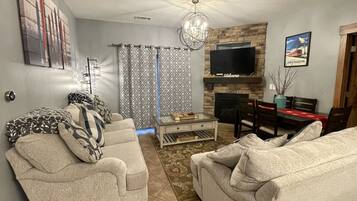 Smart TV, fireplace, books
