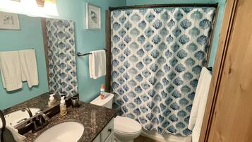 Combined shower/tub, jetted tub, hair dryer, towels