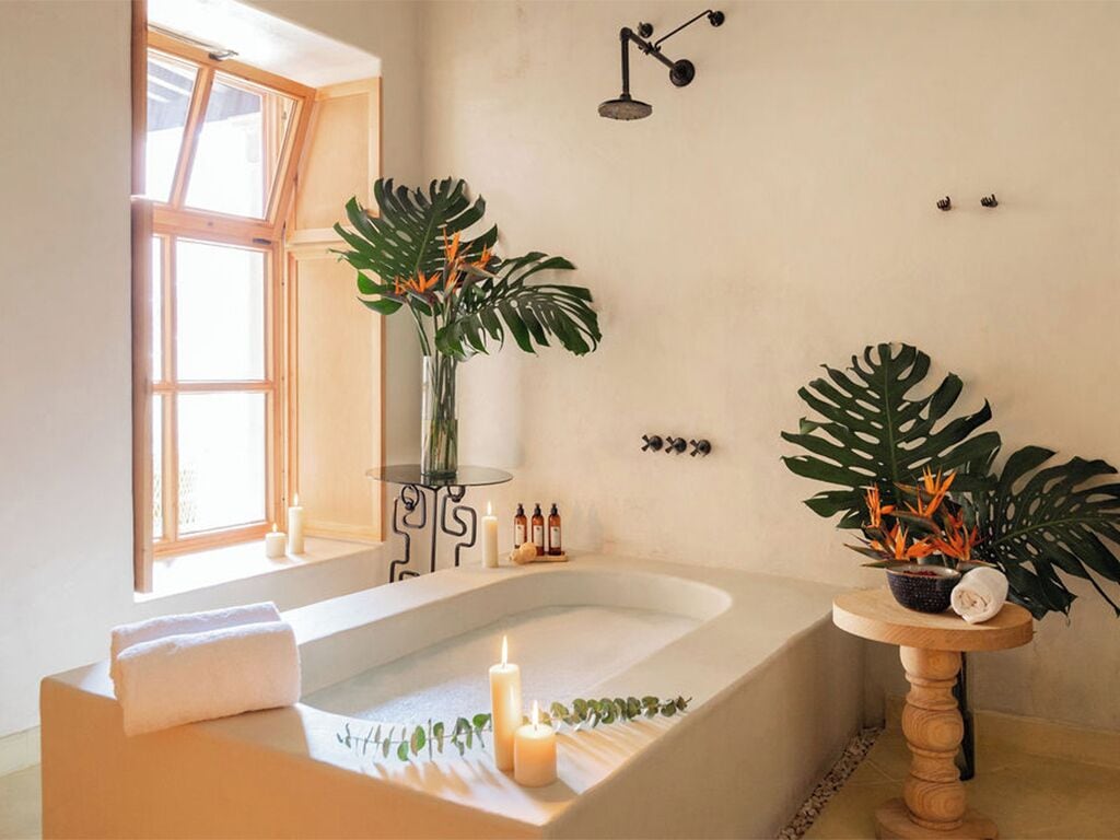 A bathroom with a bathtub, a window, and two potted plants.