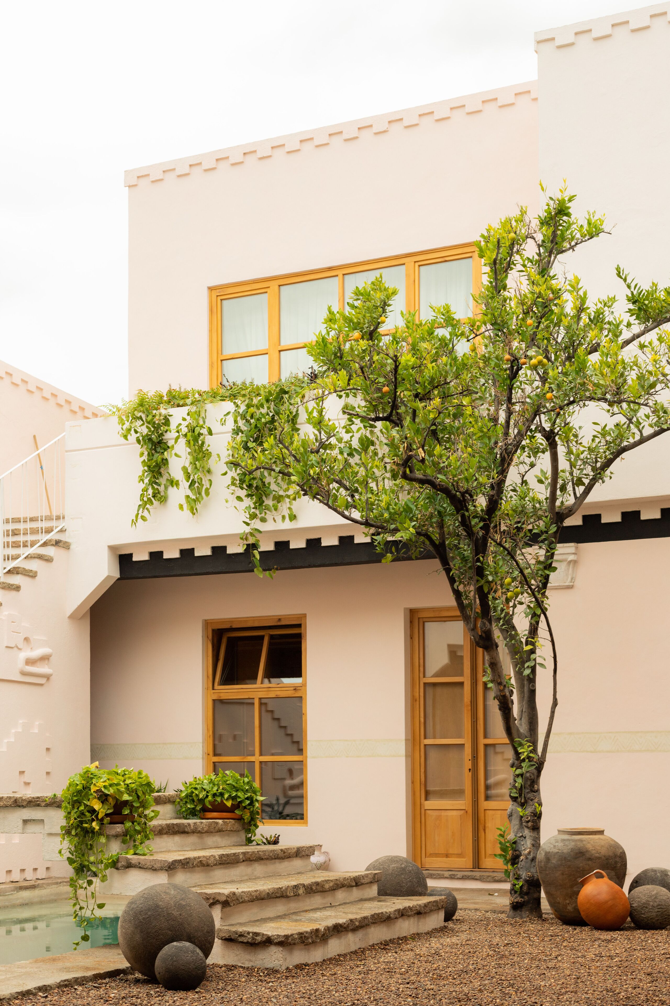 A building with a wooden door, a window, and a small tree in front.