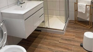 A modern bathroom with a glass-enclosed shower, a white sink with a mirror, and a wooden floor. - Location Vignerons (Neuvy-sur-Loire)
