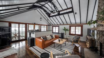 Smart TV, fireplace, books, stereo