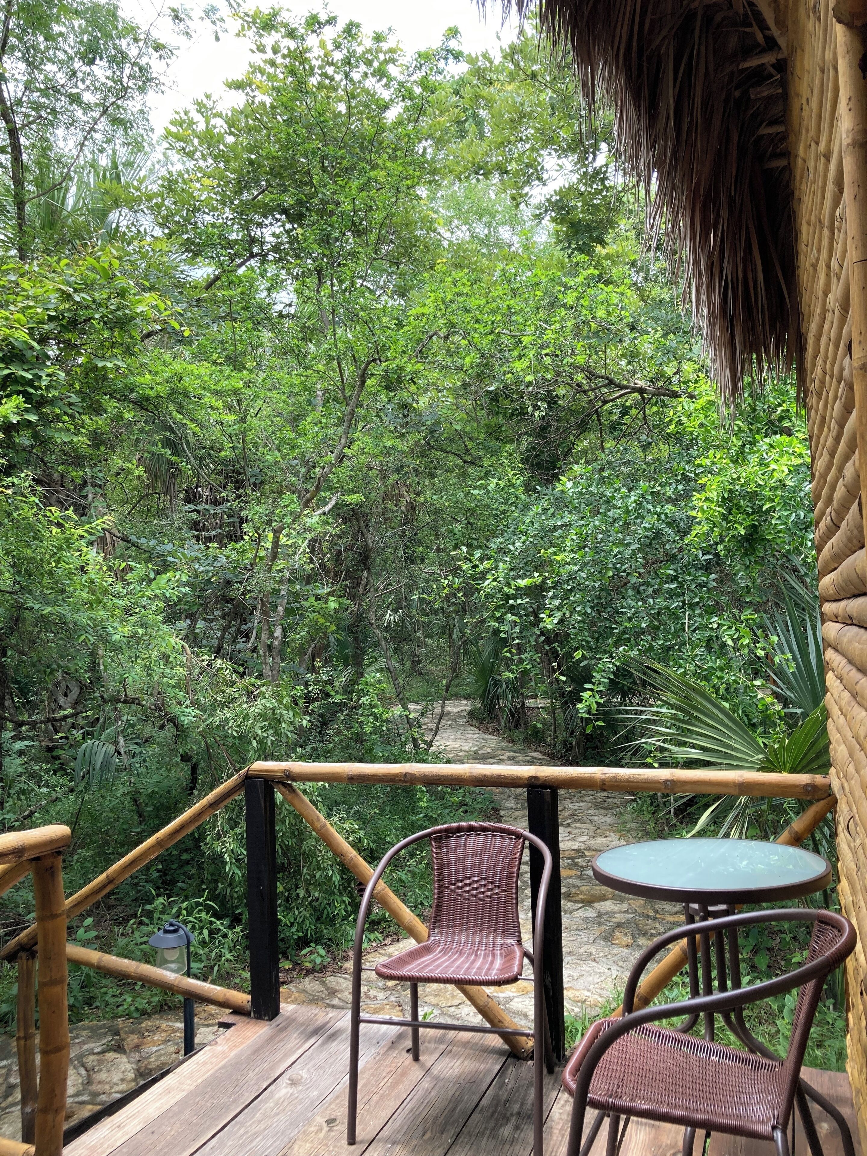 Una terraza de madera con dos sillas de mimbre y una mesa redonda pequeña, con vista a un bosque frondoso.