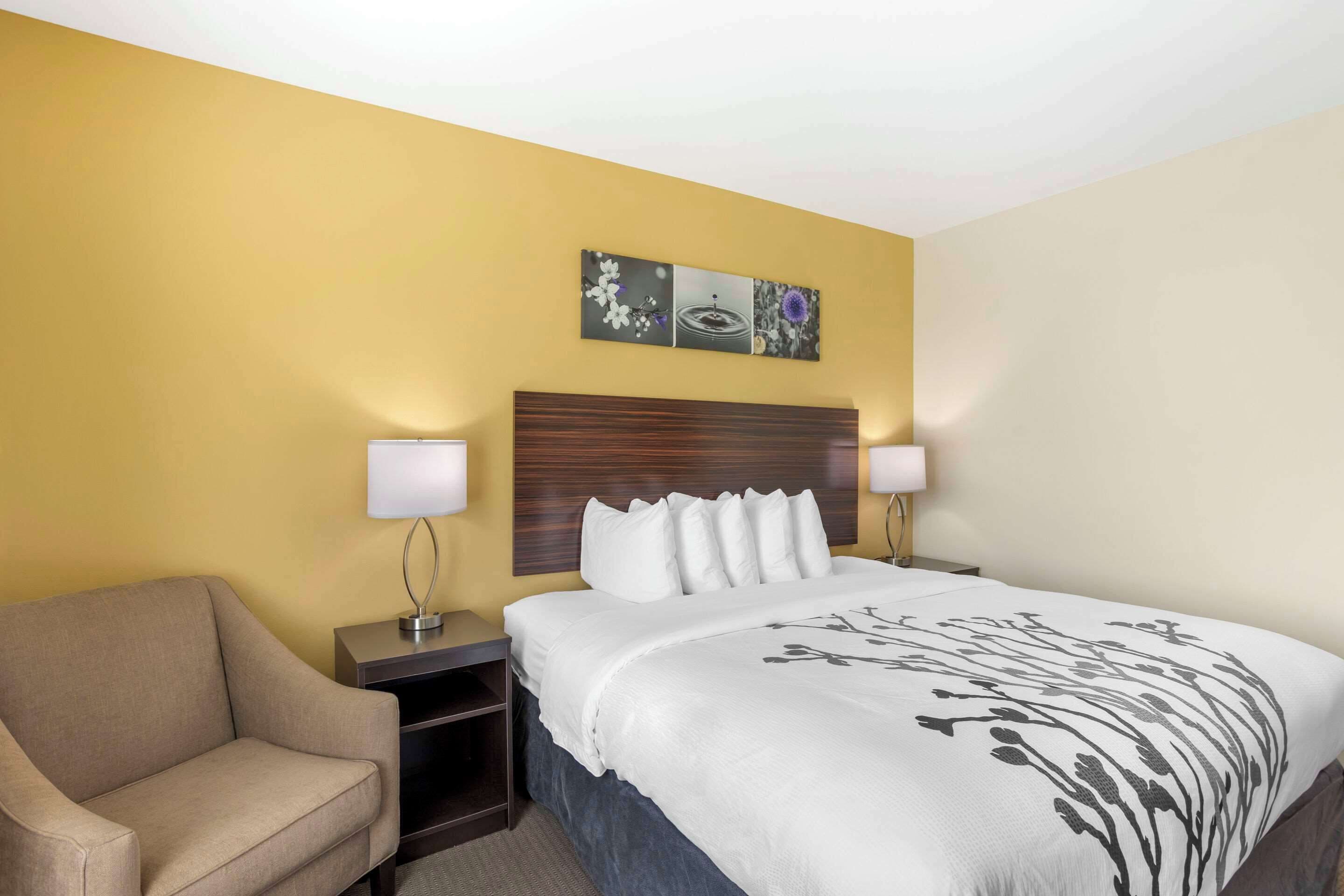 Une chambre d’hôtel comprenant un lit, une chaise, une table de chevet et une œuvre d’art accrochée au mur.