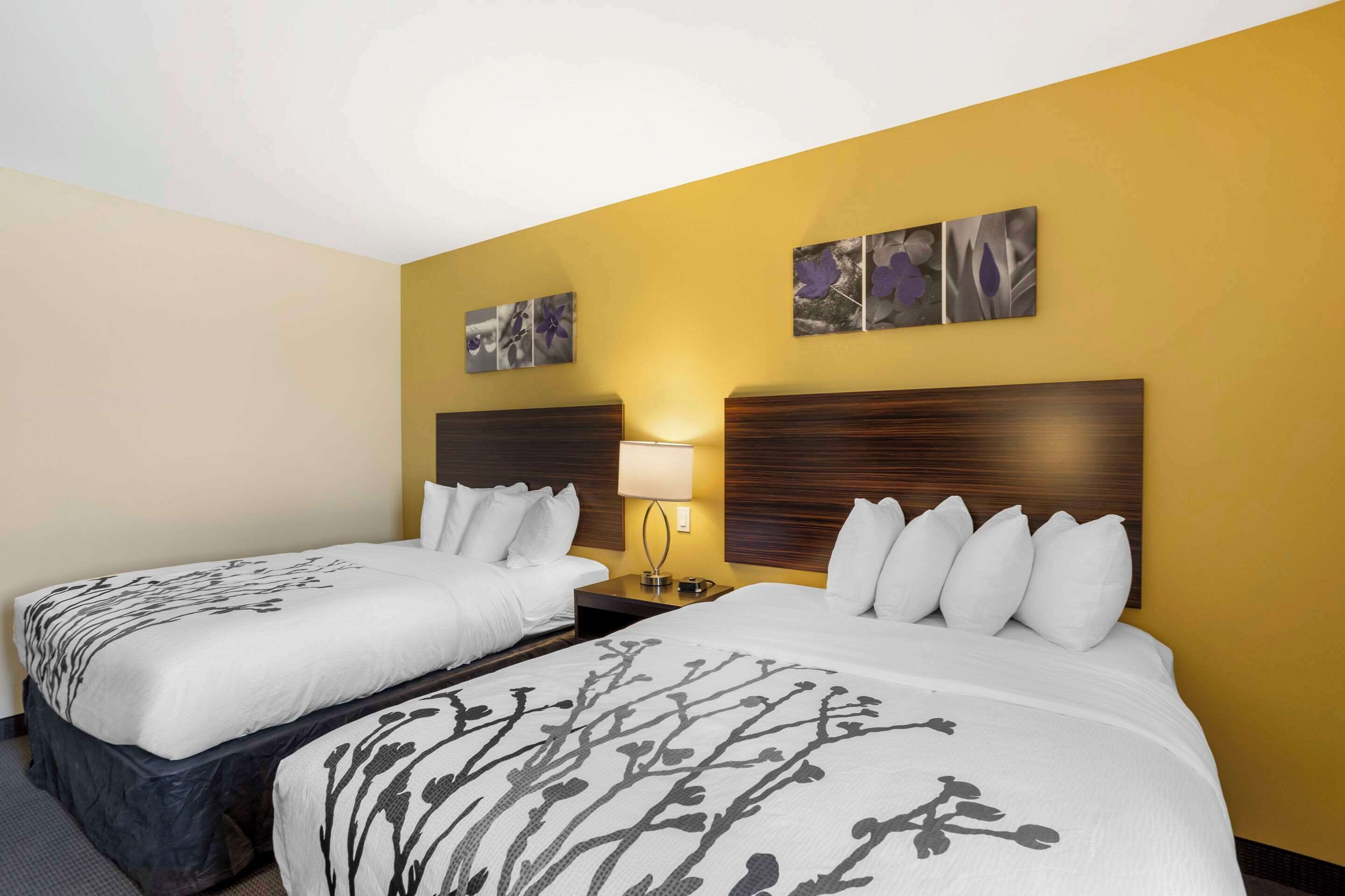 A hotel room with two beds, a nightstand with a lamp, and wall art.