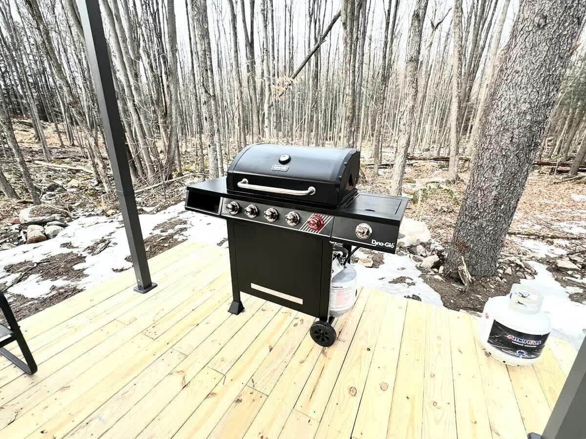 A portable grill on a wooden deck with a forest background.