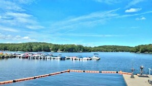 A marina with boats docked, a clear sky, and a forested shoreline.