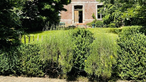 Ein Backsteinhaus mit großem Garten und Schwimmbecken im Vordergrund.