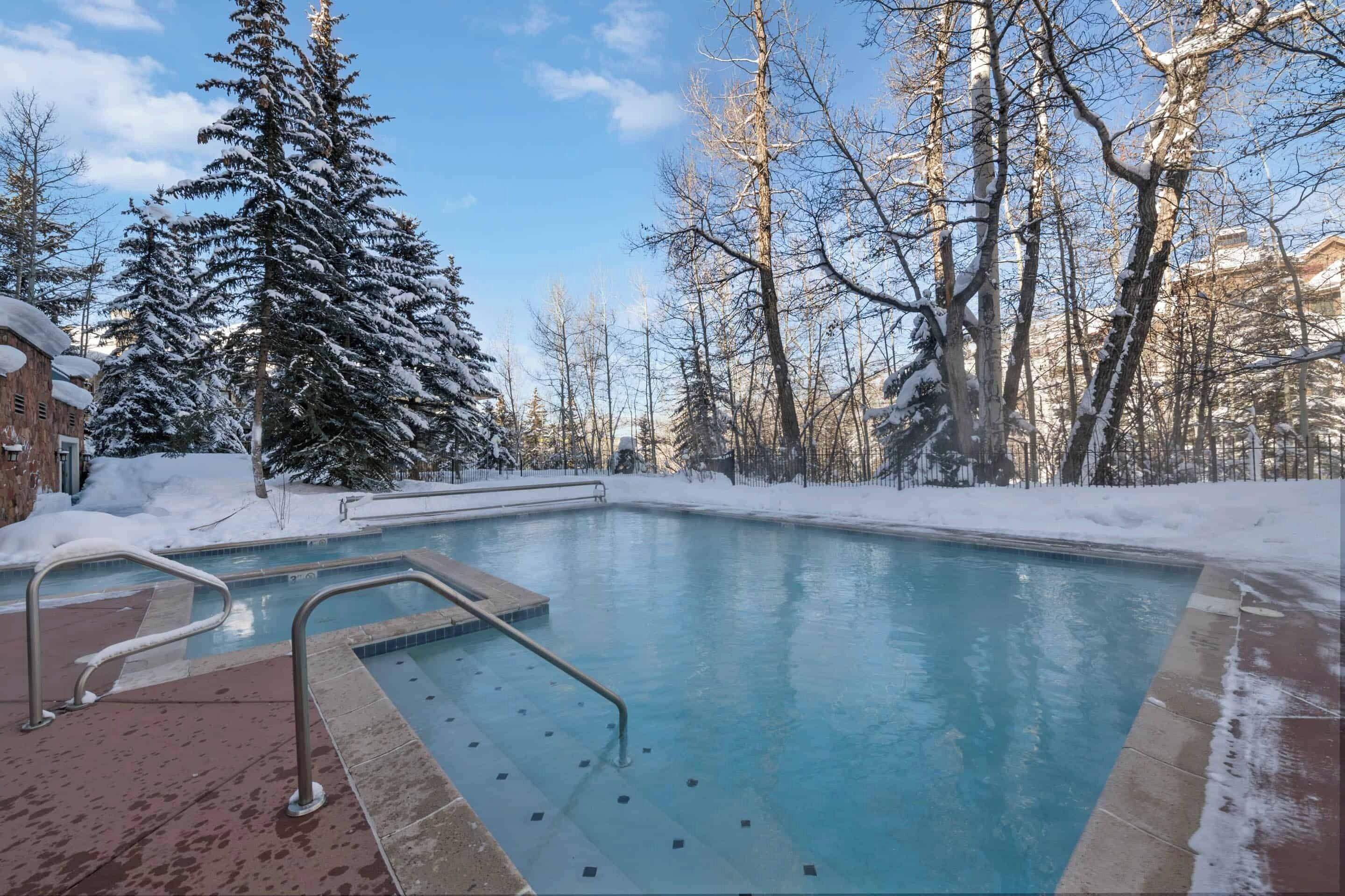 Ein rechteckiger Pool mit Metallgeländern, umgeben von schneebedeckten Bäumen und einem Pflasterweg.