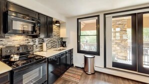 A modern kitchen with dark cabinetry, a stainless steel stove, and a large window with a stone wall view. - Premier Ski in, Ski-out 1 Bedroom Condo With Spectacular Views, Heated Outdoor Pool and Hot Tub, Short Walk to Village (Snowmass Village)