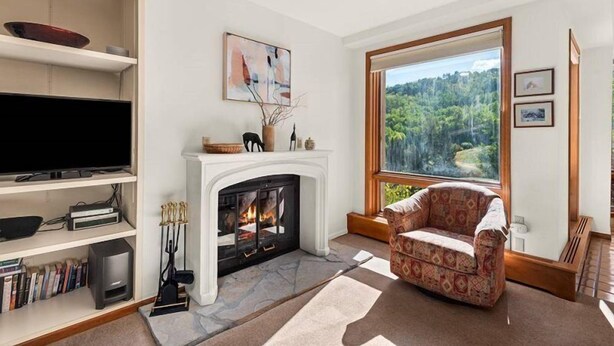 Una sala de estar con chimenea, televisor y un ventanal con vista al bosque.