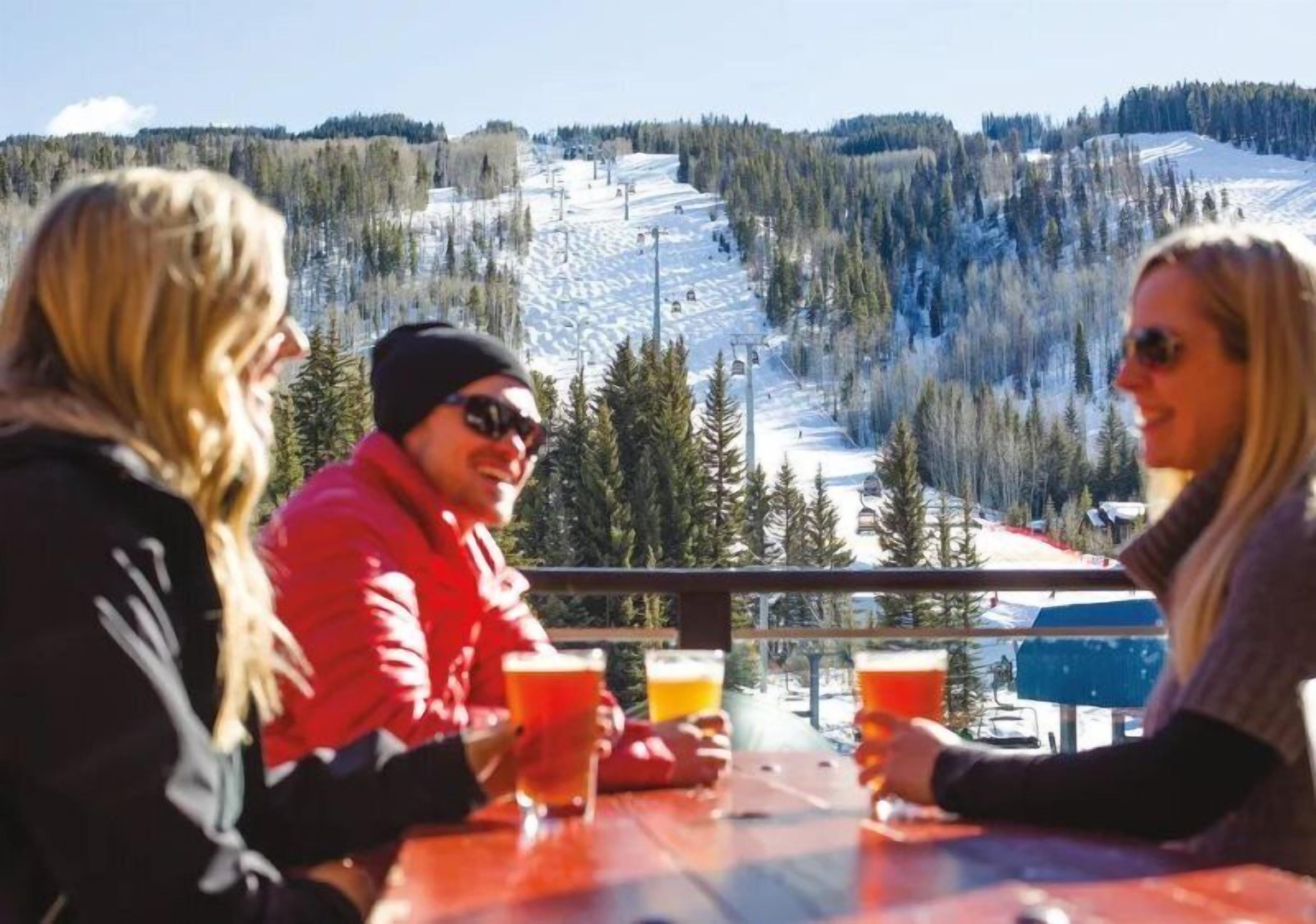 Three people sitting at a wooden table with drinks, overlooking a snowy mountain and forest.