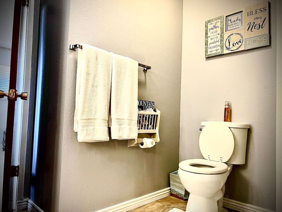 Une salle de bain comprenant des toilettes, un porte-serviettes avec deux serviettes, un support à papier toilette et un panneau mural avec du texte.