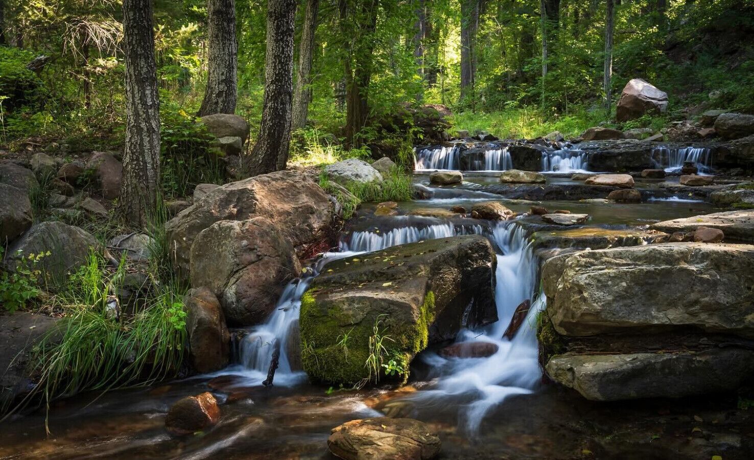A natural waterfall in a forested area with rocks and trees.