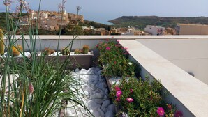 A rooftop garden with potted plants, a view of buildings, and a distant coastline. - Penthouse with Private Roof Top Pool (Ix-Xaghra)