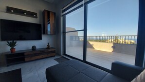 A modern living room with a large TV, a wooden cabinet, a potted plant, and a view of a balcony with a railing. - Penthouse with Private Roof Top Pool (Ix-Xaghra)