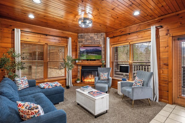 Smart TV, fireplace, video games, music library