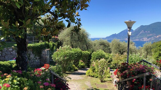 A garden pathway with stone steps, surrounded by lush greenery and flowering plants. - Casa di Alessia THE new vacation apartment with dream view over Malcesine incl. pool (Malcesine)