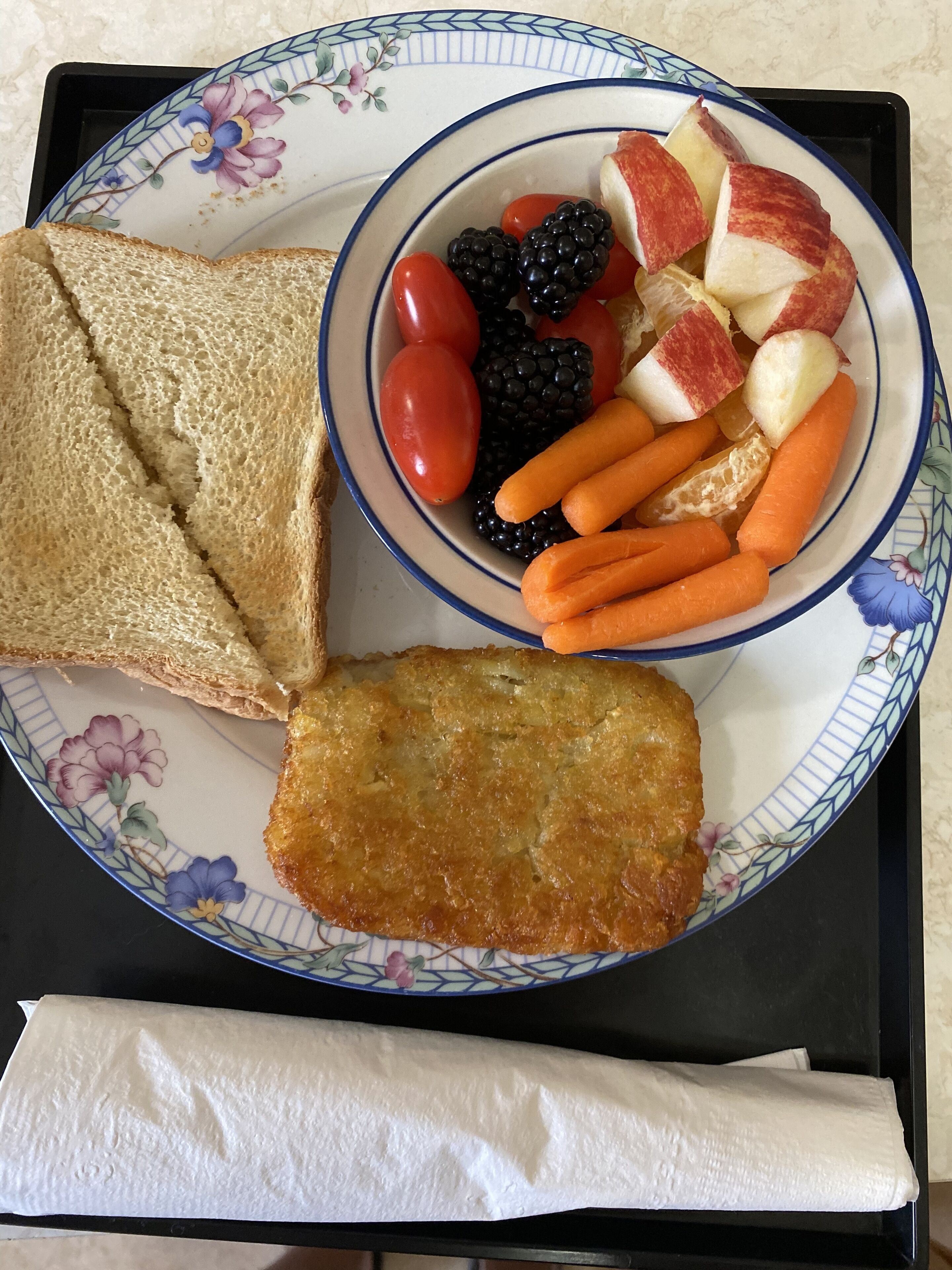 A tray with a sandwich, a bowl of fruit and vegetables, and a breaded item.