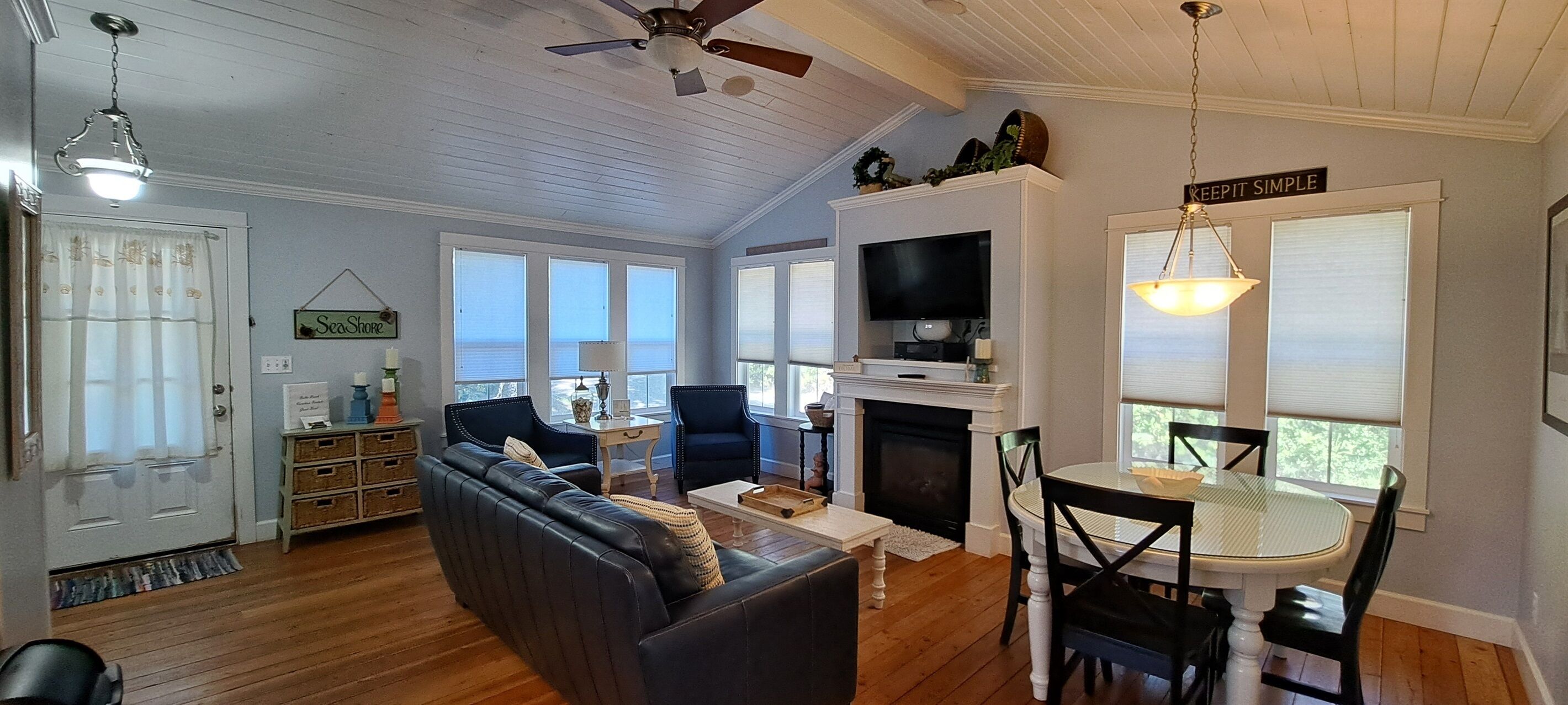 Smart TV, fireplace, DVD player, books