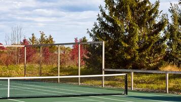 A tennis court with a net, surrounded by trees and a fence.