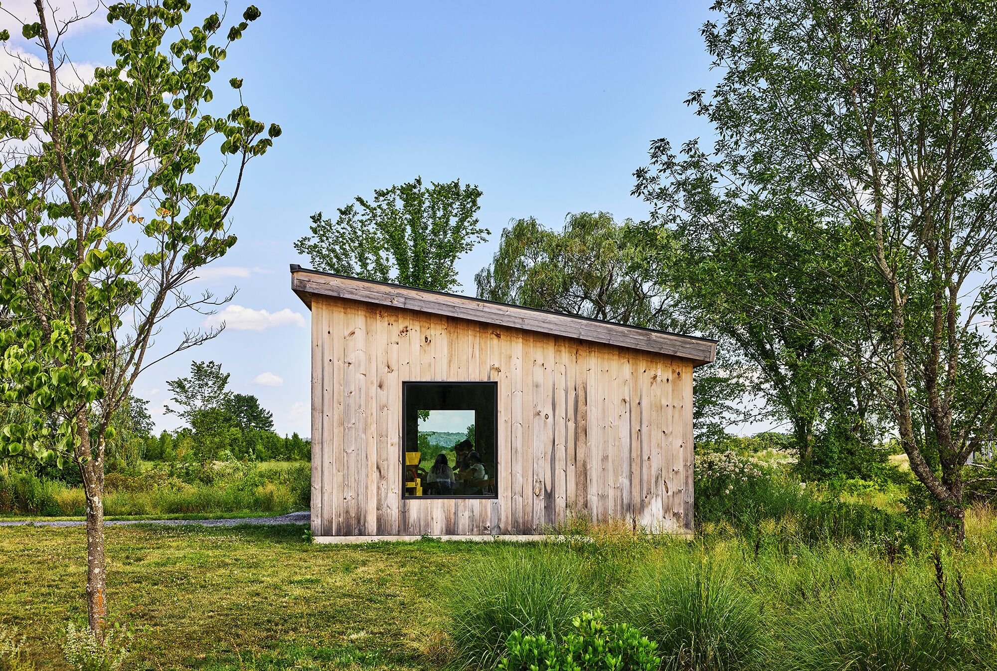 A rustic wooden cabin with a large window, surrounded by lush greenery and trees.