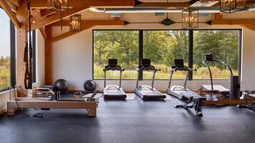 A gym with treadmills, a rowing machine, and exercise balls, with large windows overlooking a forest.