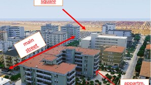 An aerial view of a residential area with buildings, a main square, and a street.