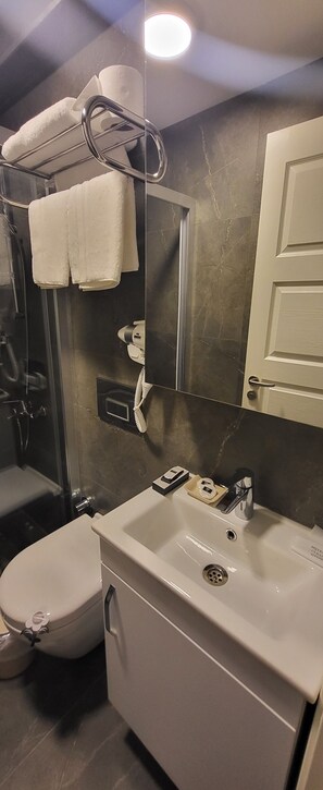 A bathroom with a white sink, a toilet, a towel rack with two towels, a handheld showerhead, and a mirror with a door. - Picasso Suites Cesme (Cesme)