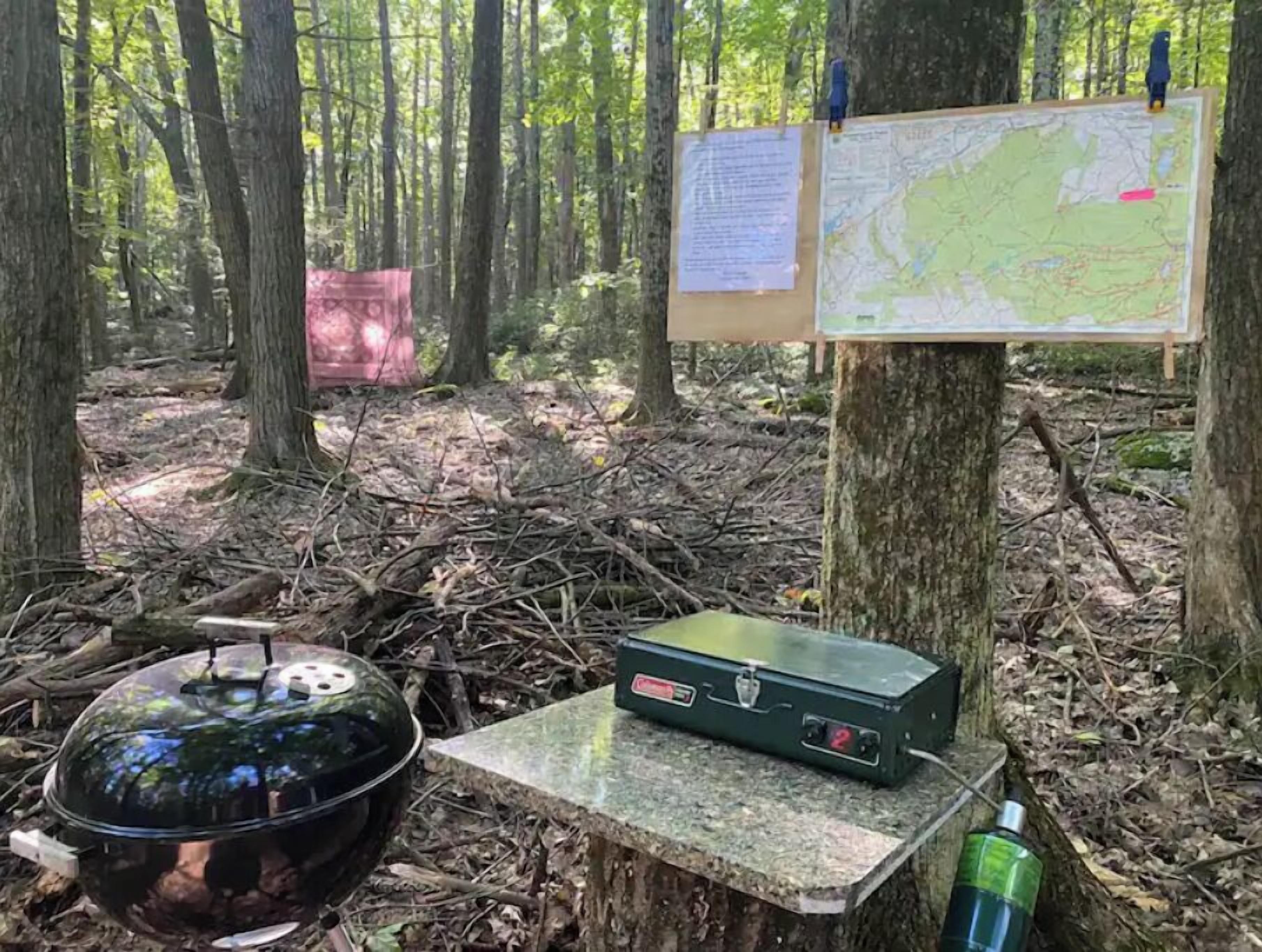 A portable grill and a map on a tree in a forest.