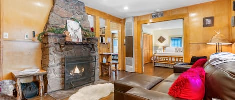 TV connectée, cheminée, livres, médiathèque