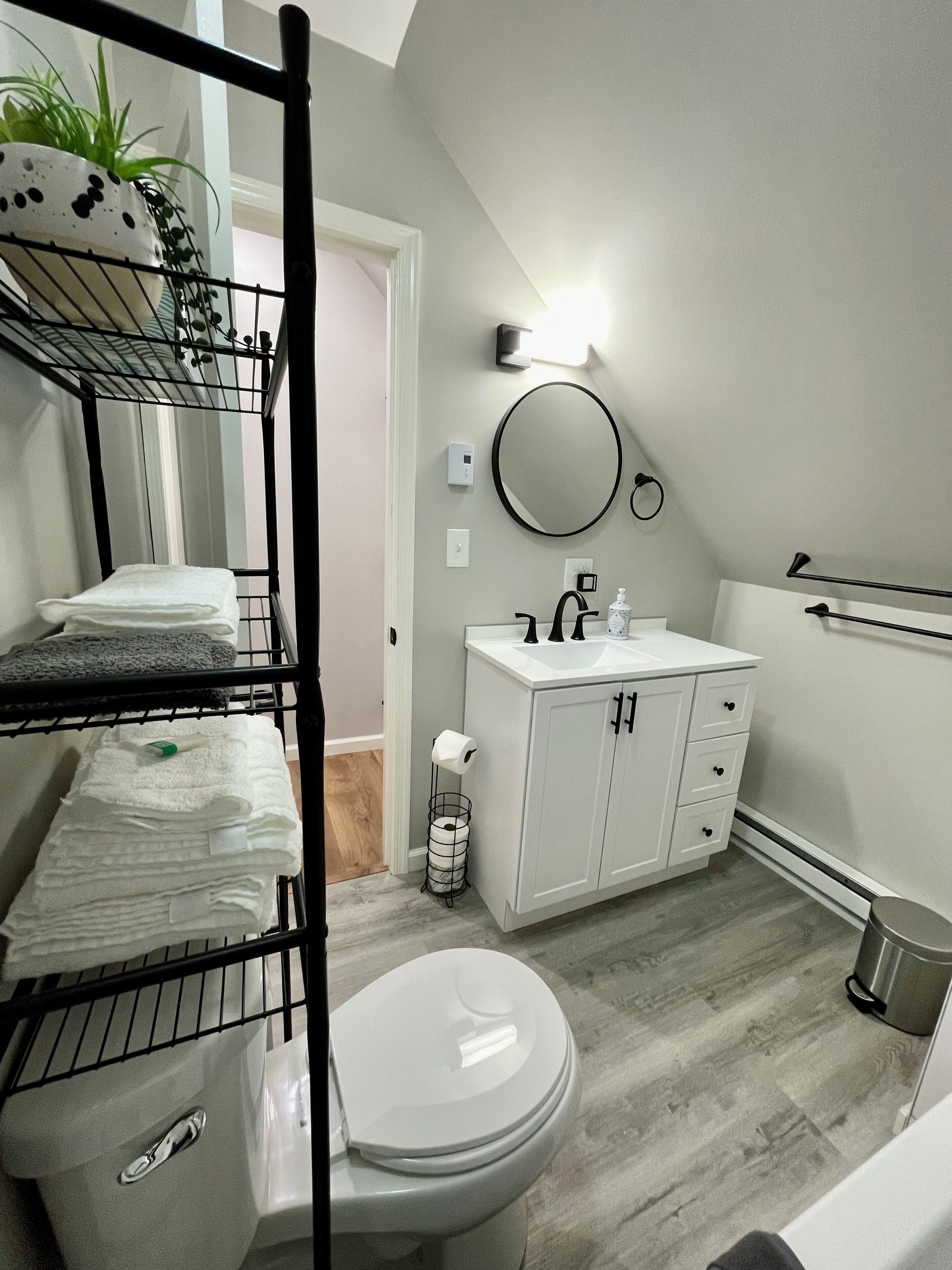 Combined shower/tub, hair dryer, towels, soap