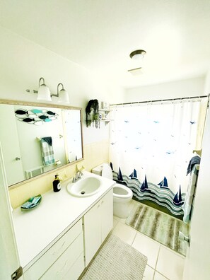 Combined shower/bathtub, hair dryer, towels, soap