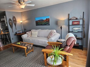 Smart TV, chimenea, libros