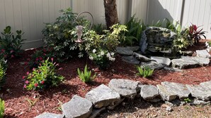 Un jardín con diversas plantas, un abrevadero para pájaros y una pequeña cascada de piedra.