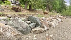 A residential area with a house, large trees, and a rocky terrain. - Dancing Waters Lakehouse - Semi Waterfront - Shuswap Vacations and Sledding Accommodation (Anglemont)