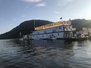 Un ferry con un letrero que dice 'Sea Store', atracado en un muelle con una colina boscosa al fondo.