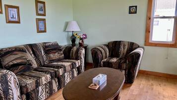 Deluxe-mökki | Oleskelualue | 45–tuumainen taulutelevisio, jossa satelliittikanavat