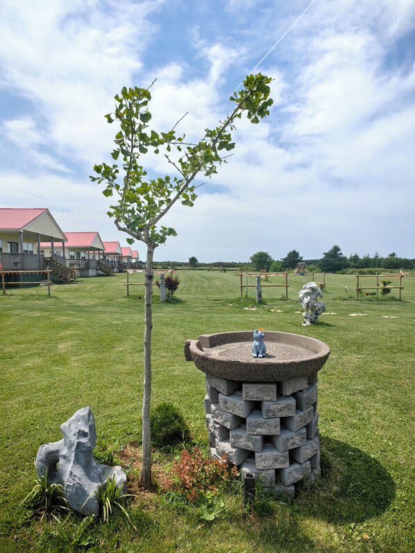 Zona verde con un árbol pequeño, una fuente de piedra y un edificio con tejado rojo al fondo.