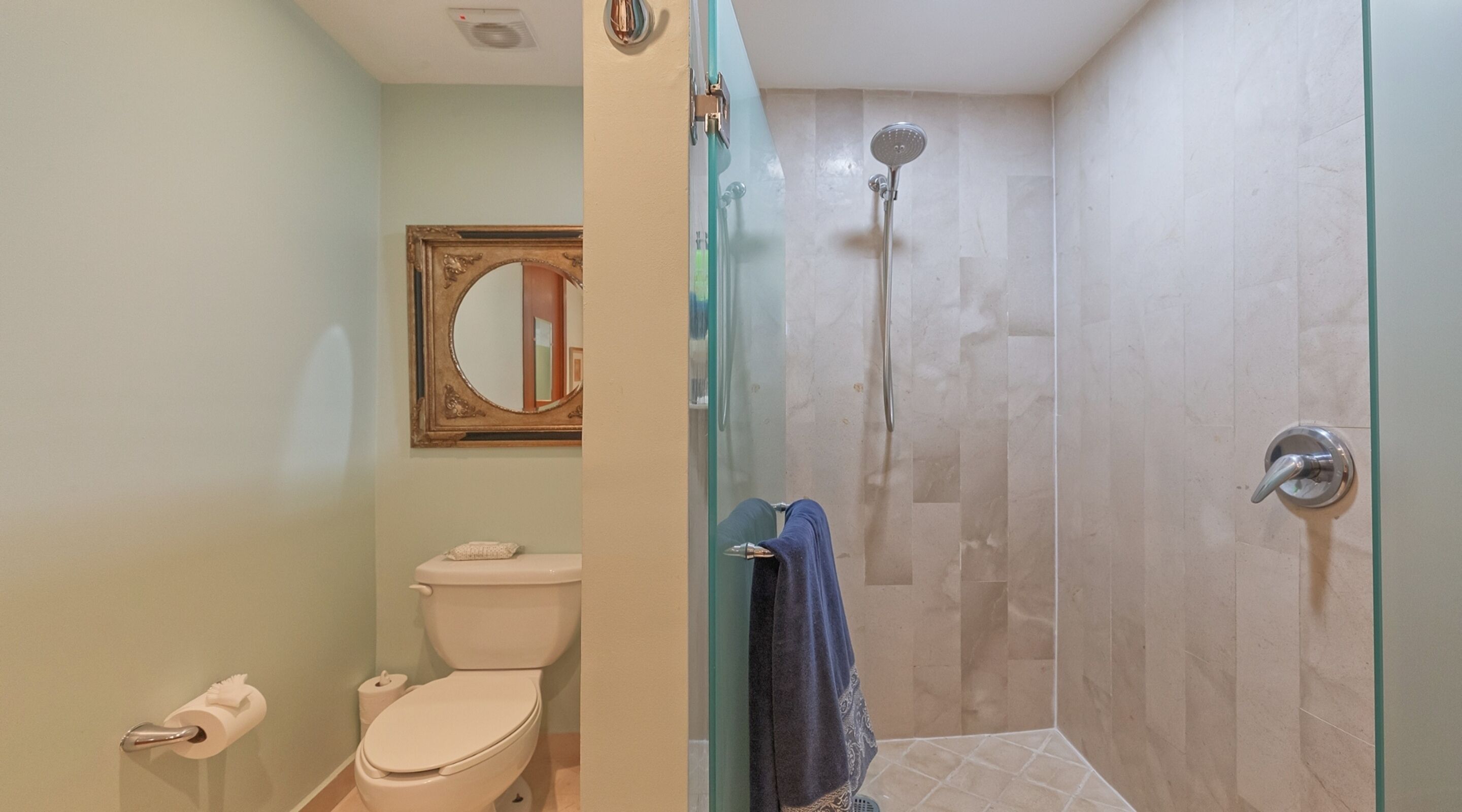 Un baño con inodoro, ducha con puerta de vidrio y espejo en la pared.
